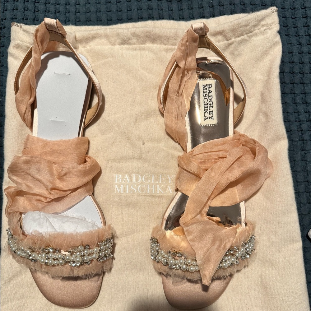 Badgley Mischka Talia Flat Sandal With Chiffon sz 9.5 brand new